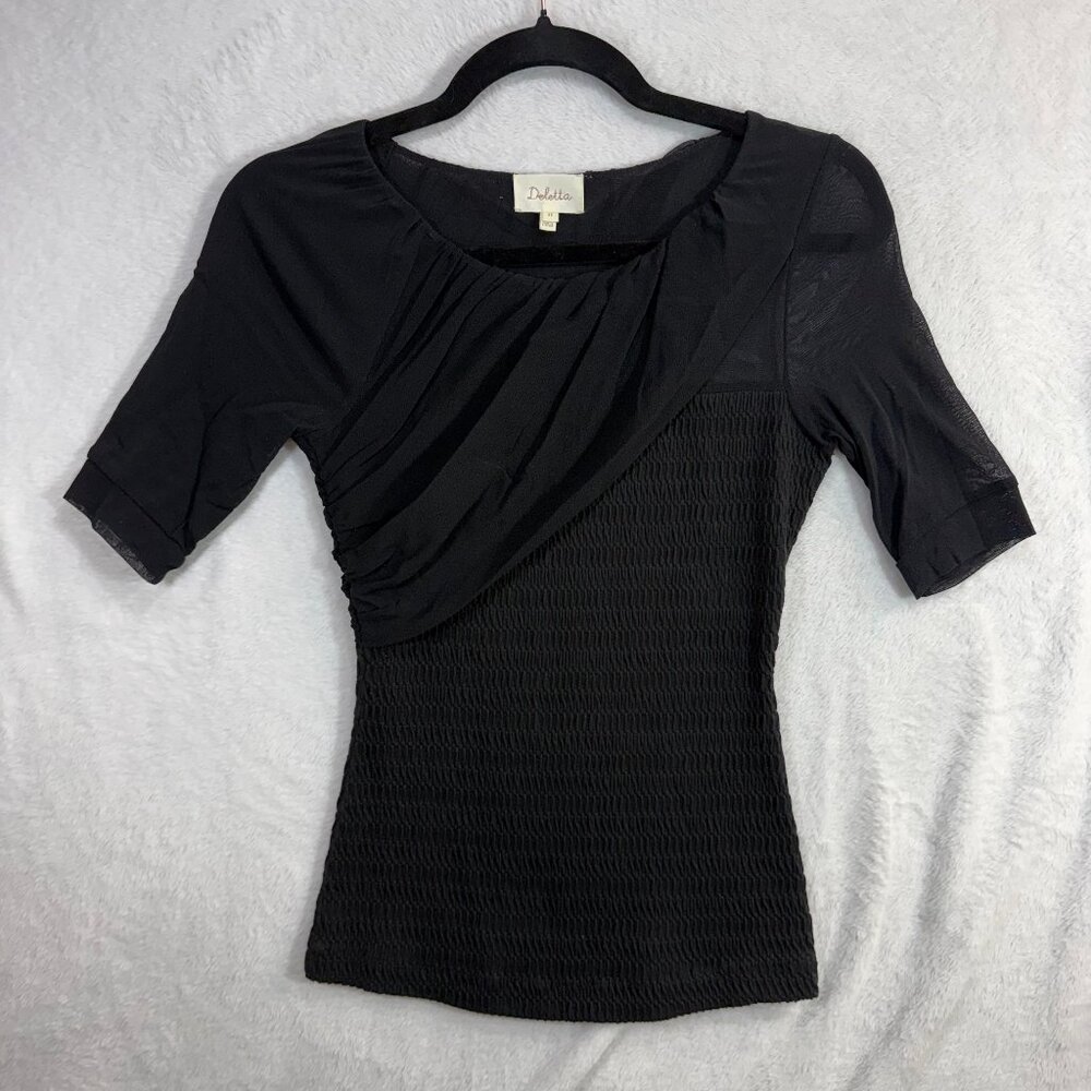 Deletta XS Black Mesh Top Smocked Ruched Bodycon Femme Goth Luxe Romantic Sexy
